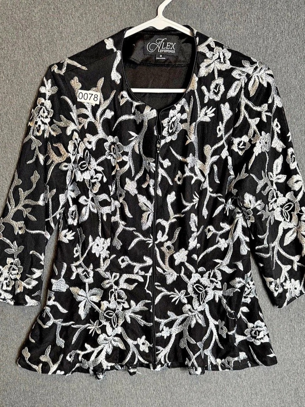 Alex Evenings Floral Embroidered Jacket in Black & Silver Medium Like New